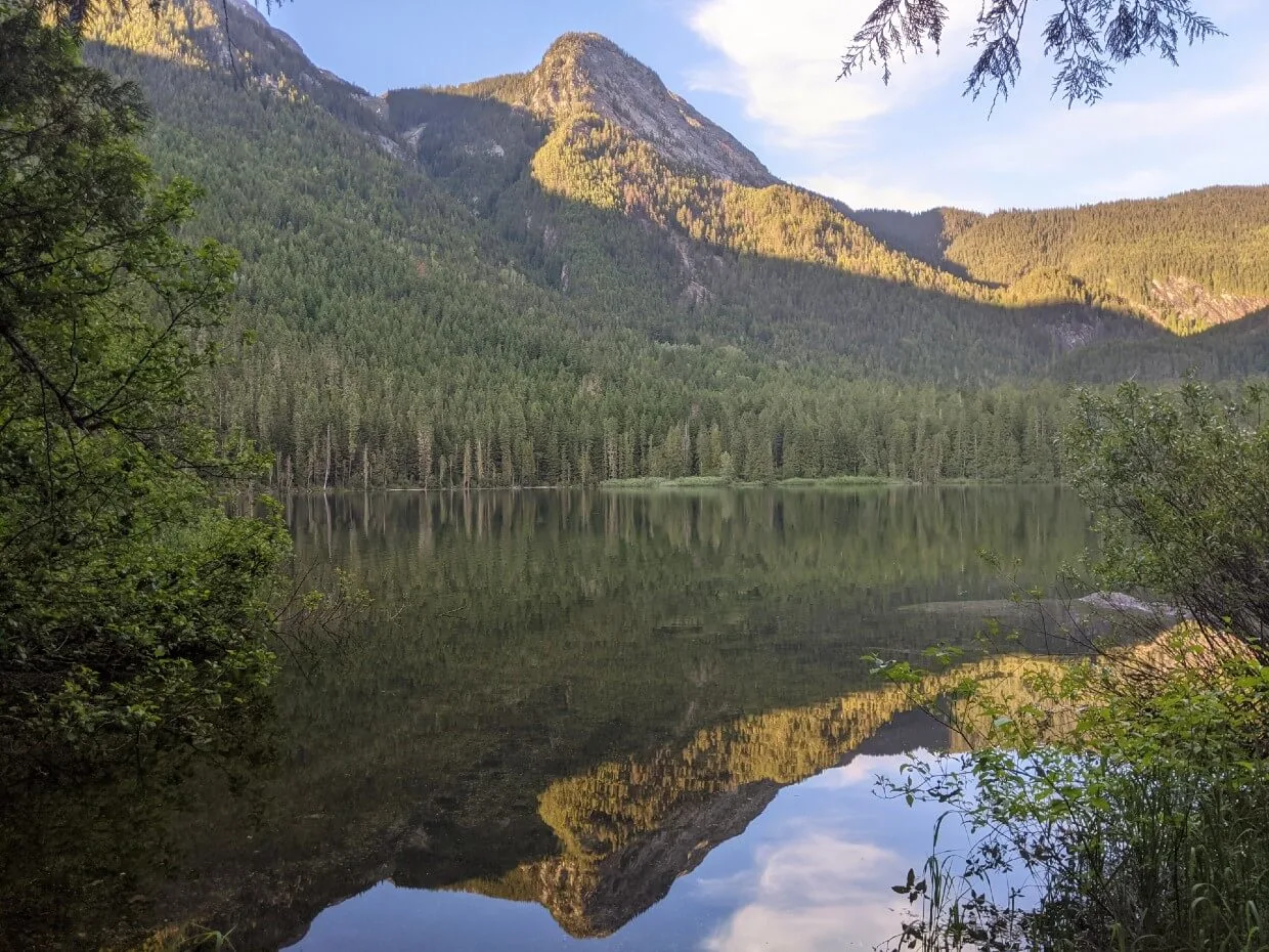 Spectrum Lake reflections, as seen through the trees. There is a mountain peak on the left, reflected onto the mirror like surface of the lake