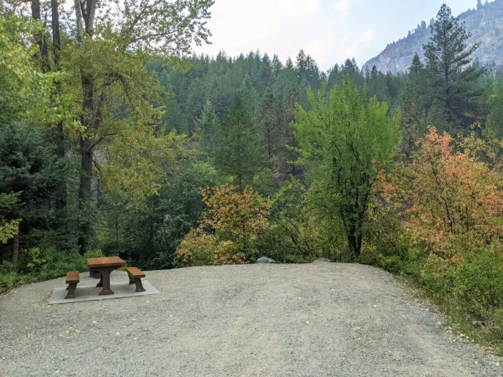 View of Boundary Creek Provincial Park campsite with picnic table on cement square, with fire pit behind. The campsite is surrounded by trees, some of which are changing colour