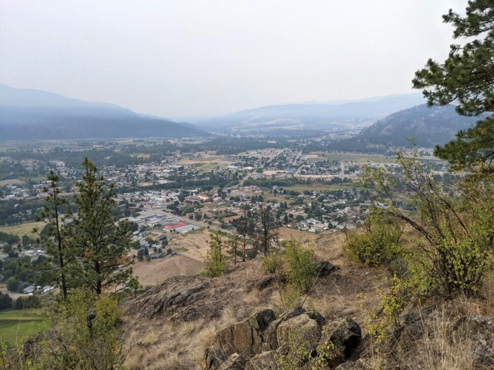 Scenic view from Observation mountain, across Grand Forks and surrounding hills. There is smoke in the air