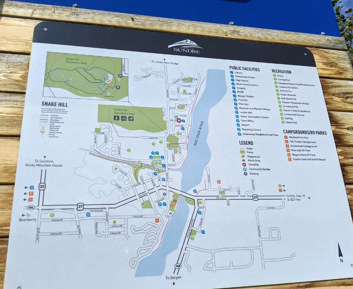 Close up of Sundre downtown map, which shows the Red Deer River running through the center of town