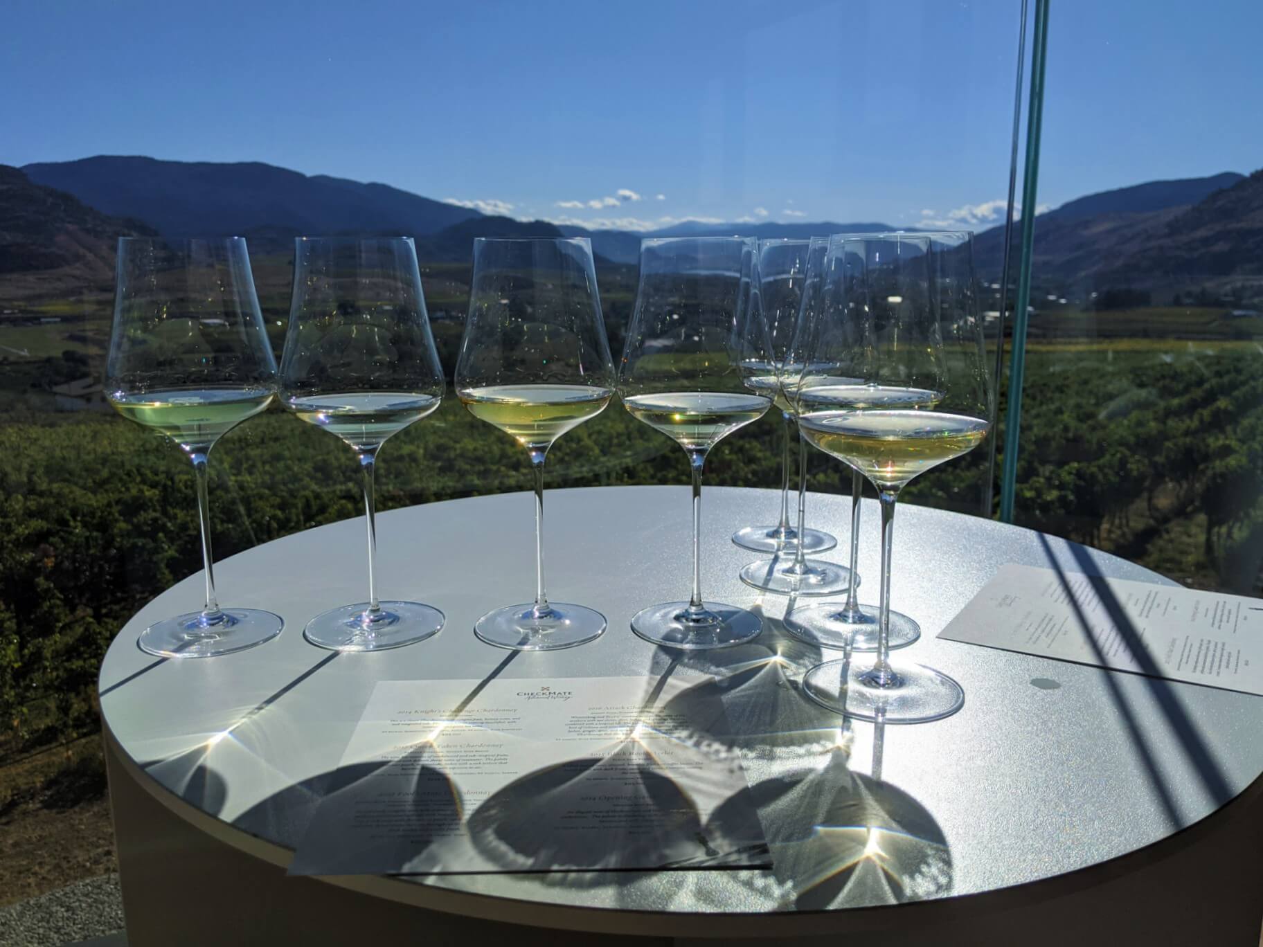 Table view of eight glasses filled with white wine, in front of scenic view (shown through glass balcony)