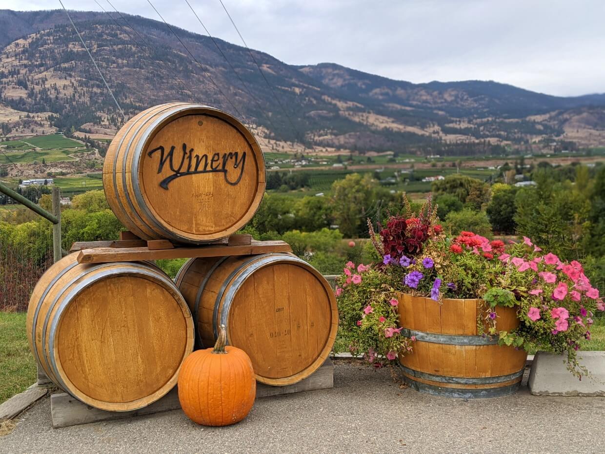 Three wine barrels next to pumpkin, with barrel of flowers on right, in front of rugged landscape in Osoyoos