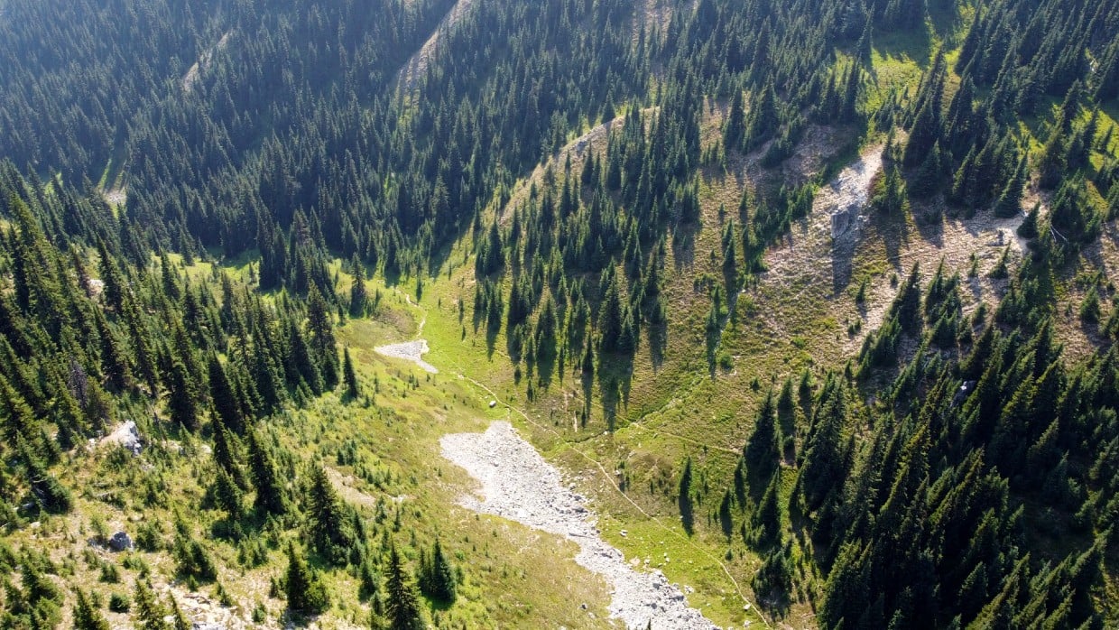 Overhead drone photo of Defiles ravine with rocky and meadow areas