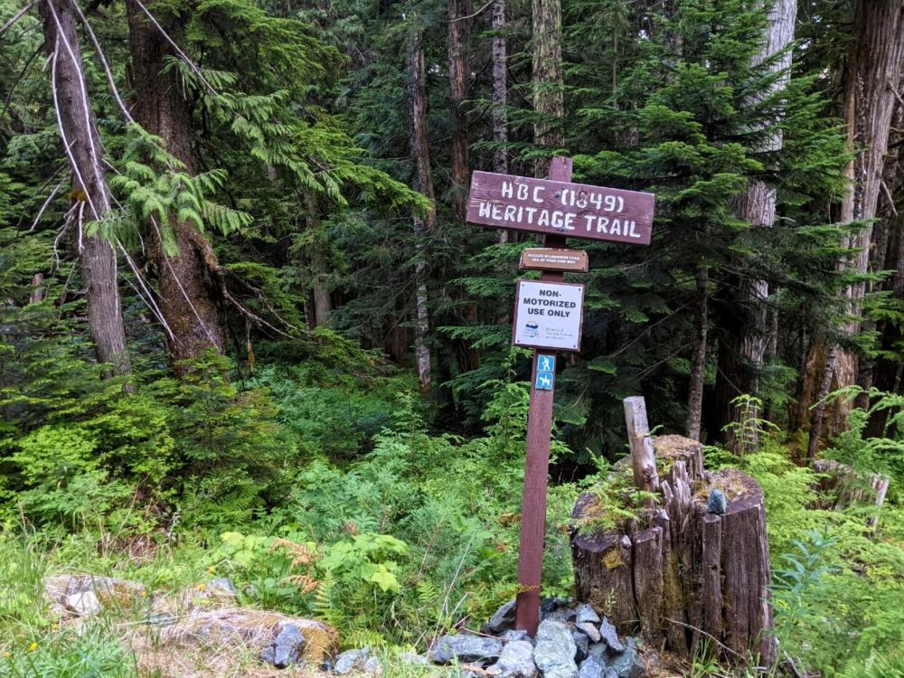 Wooden HBC Trail sign in front of forest