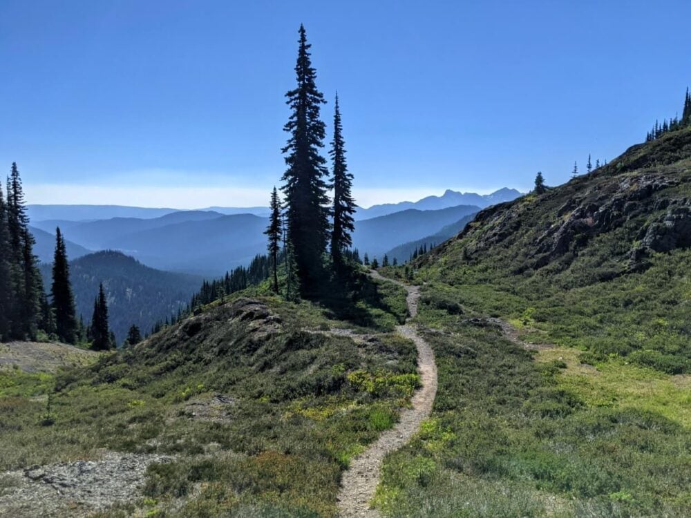 A narrow dirt hiking trail leads through meadows towards mountain views