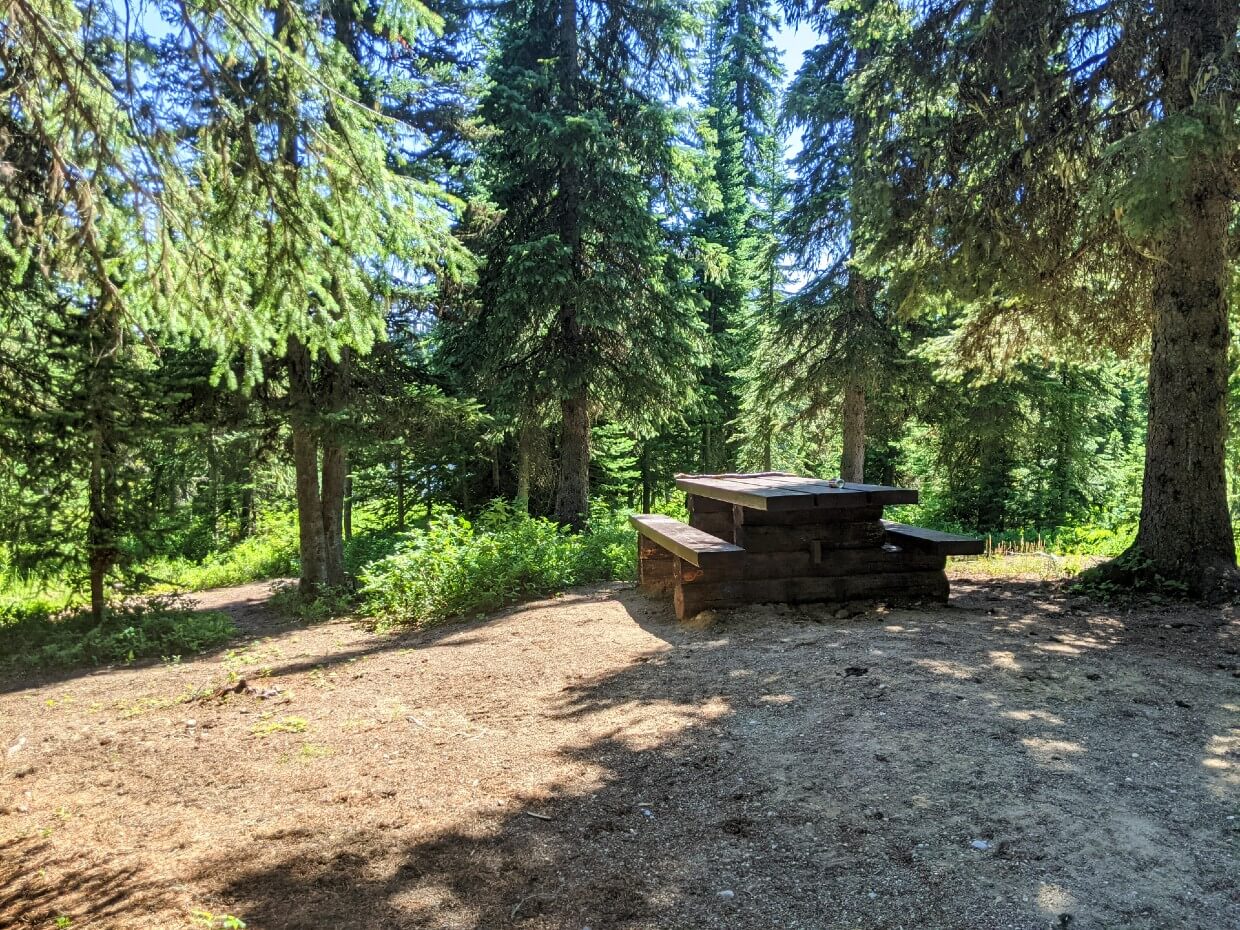 Picnic bench surrounded by forest at Jacobson Lake Camp