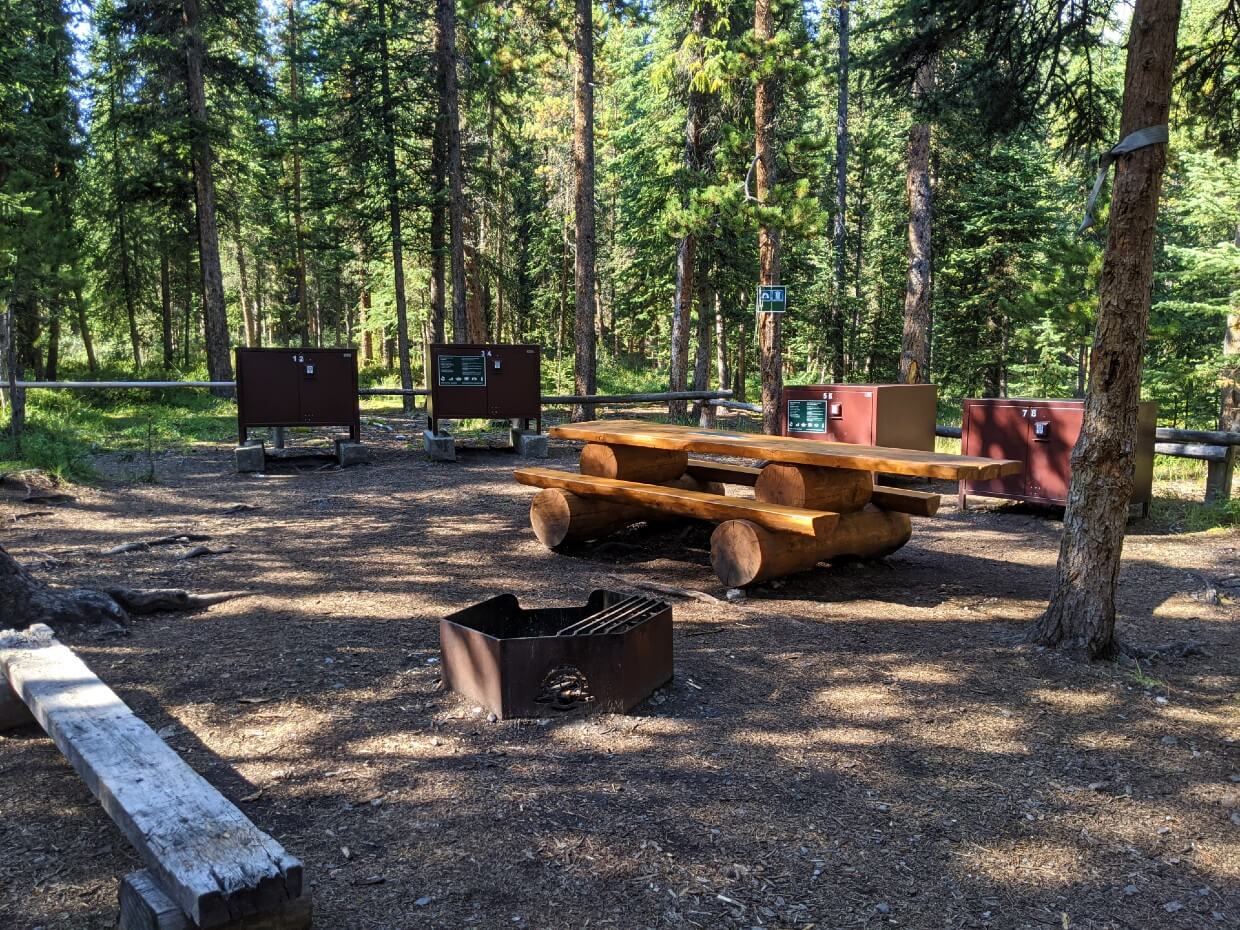 Cooking area at Fisherman's Bay Campground with picnic tables, fire pit and metal lockers surrounded by forest