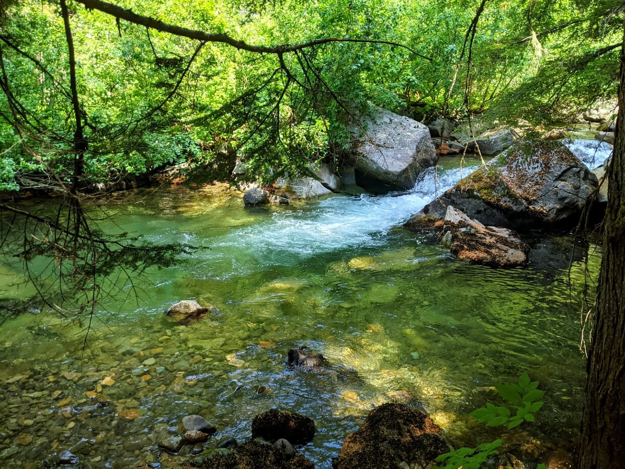 Swimming hole in Upper Sowaqua Valley forest, with water rushing between two rocks