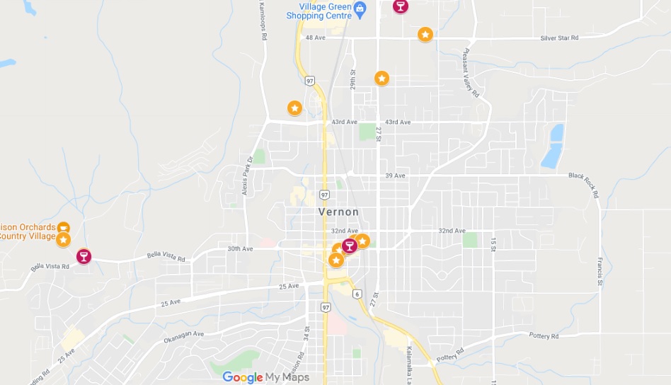 Vernon Tasting Trail Google map screenshot, featuring all member businesses 