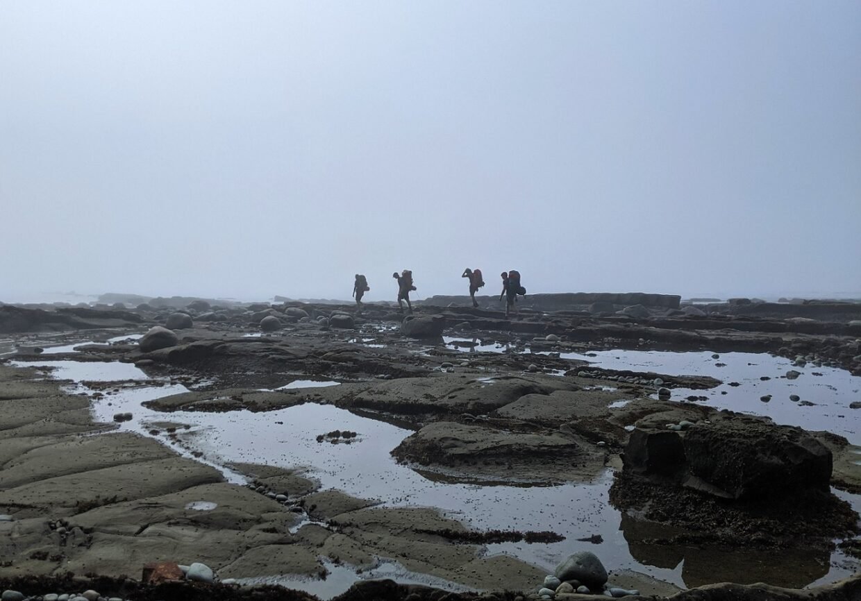 Side silhouette of hikers on coastal section of the West Coast Trail