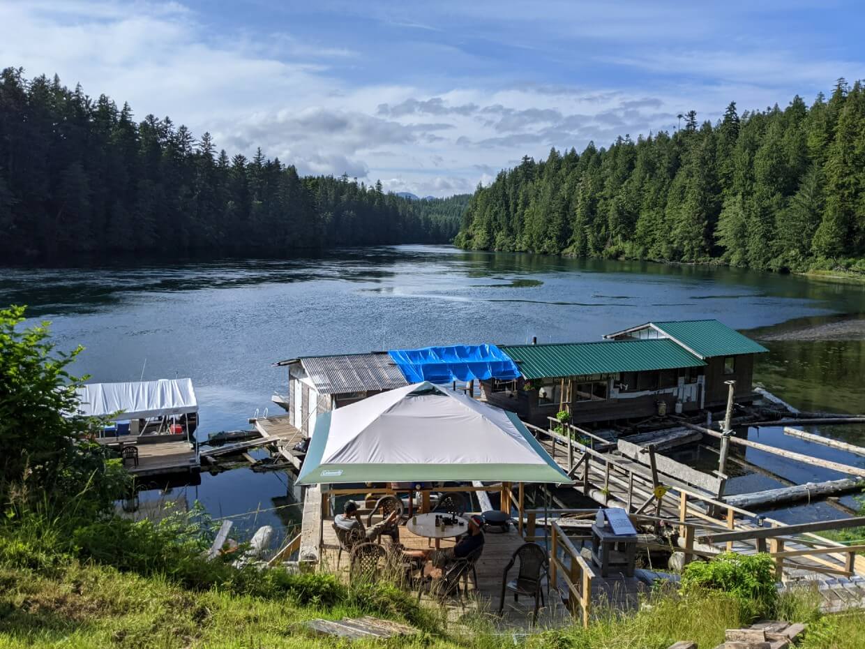 Elevated view looking down on the Crab Shack, which features a number of covered, floating buildings on lake