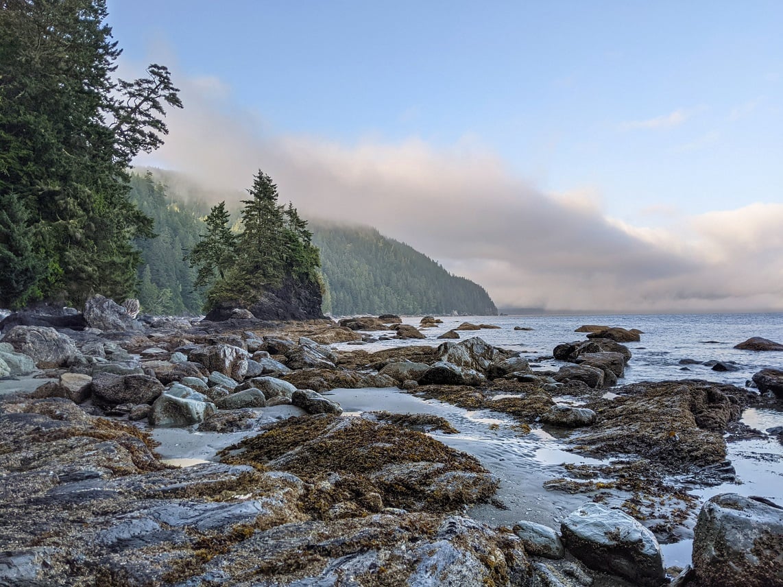 Looking across rocks (some covered in seaweed) towards headland and ocean at Thrasher Cove