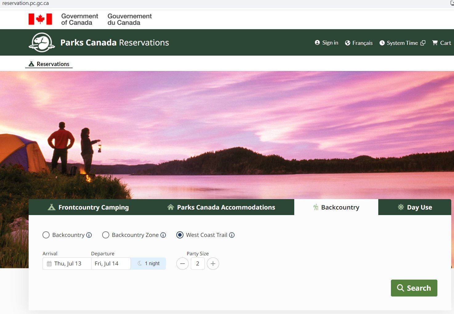 Screenshot of the Parks Canada Reservation Service website