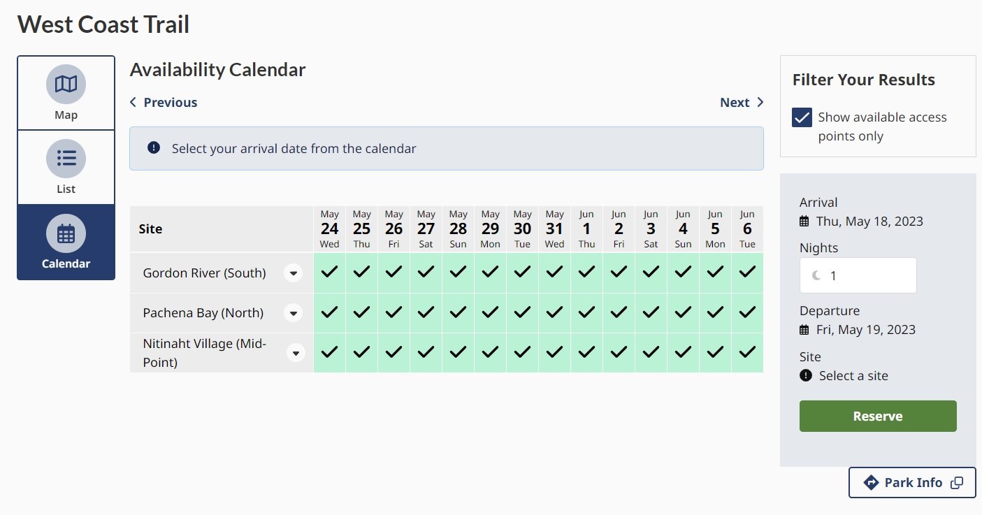 Screenshot of West Coast Trail availability calendar on Parks Canada website