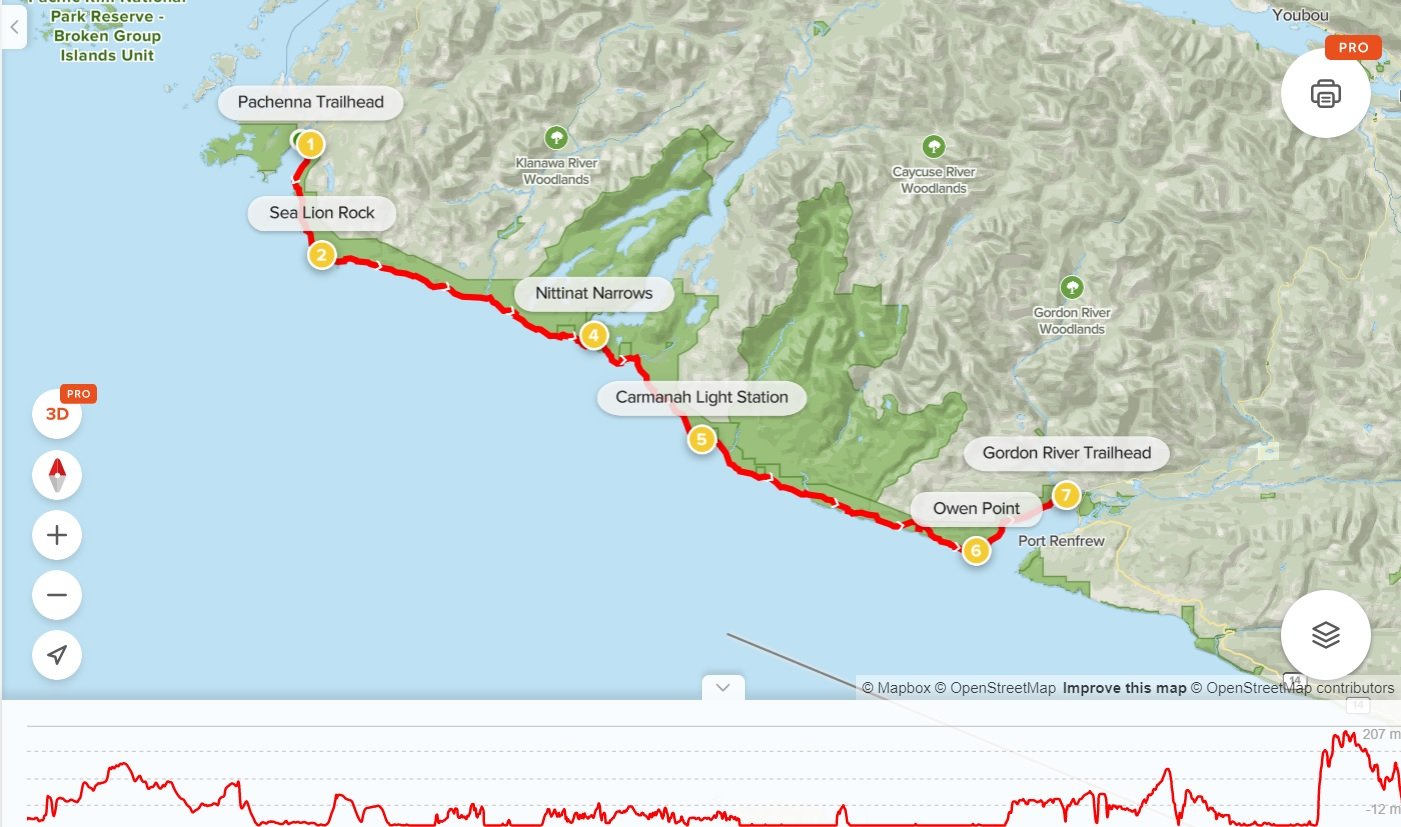 Screenshot of West Coast Trail map on AllTrails with hike routing