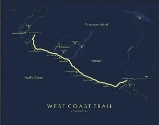 West Coast Trail poster with campgrounds and beaches 