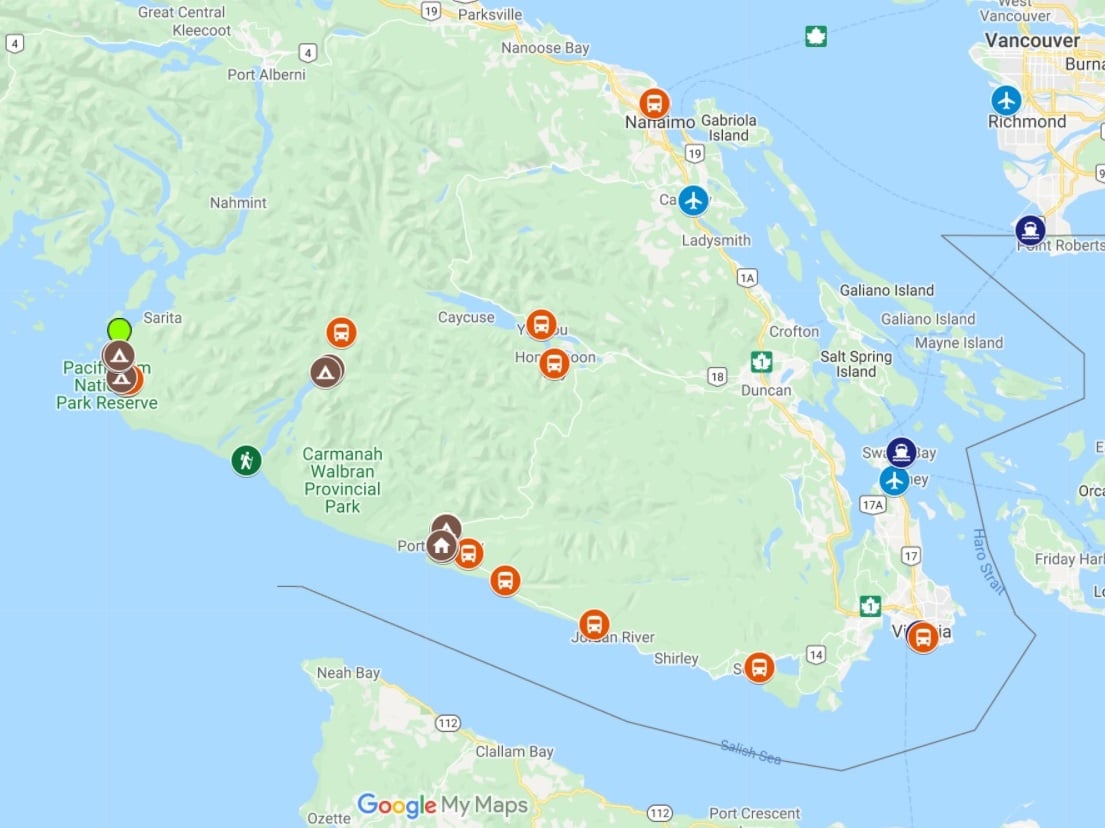 Screenshot of google map featuring west coast trail transportations 