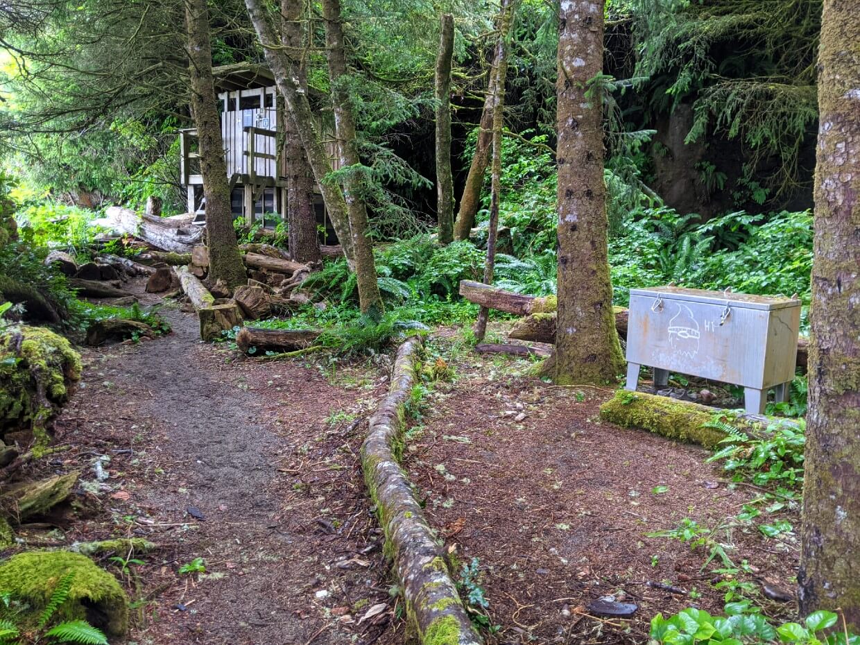 Metal food cache and elevated, wooden outhouse in the forest at Bonilla Point