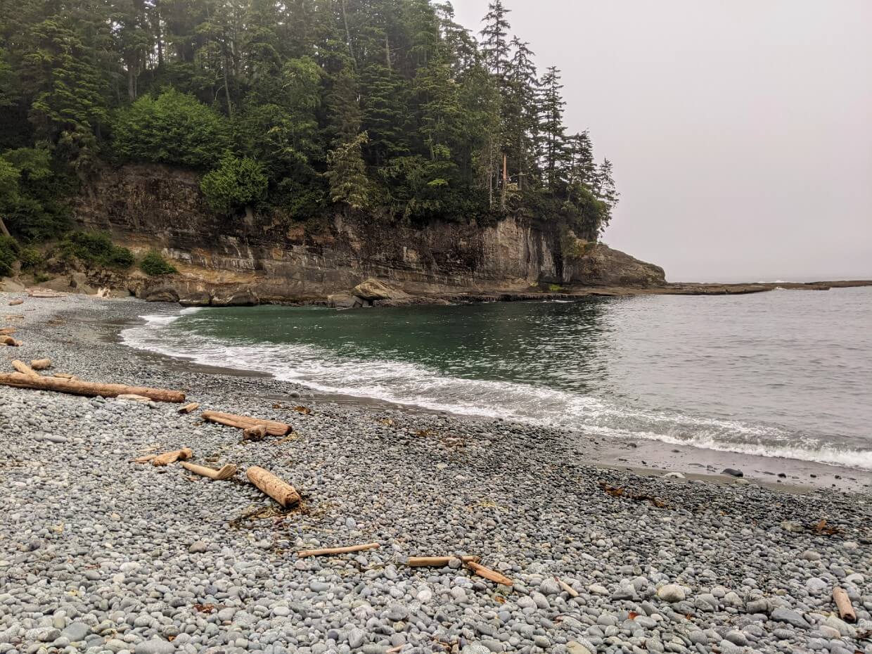 Looking south at Camper Bay, across pebble beach with scattered driftwood and headland 