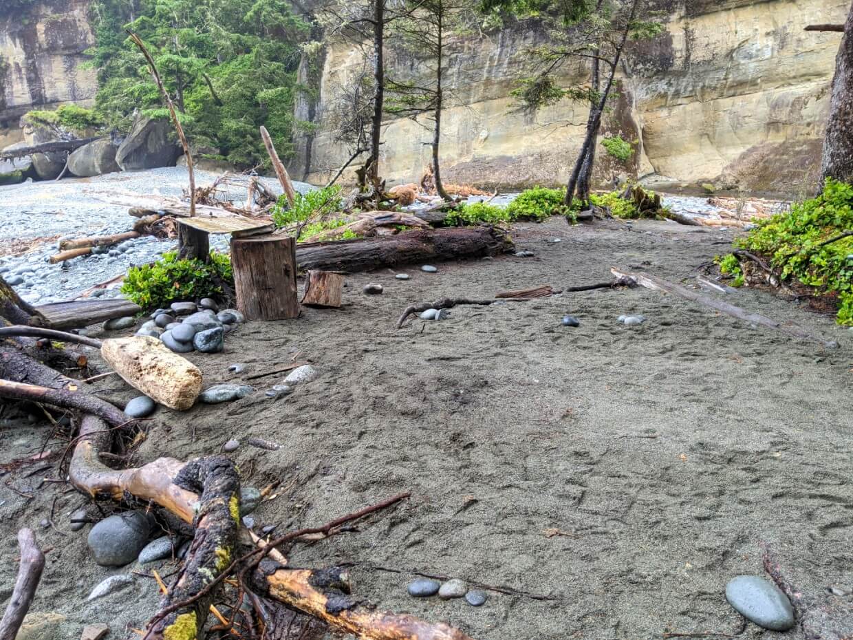 Sandy flat area on beach at the Cullite Cove campground on the West Coast Trial