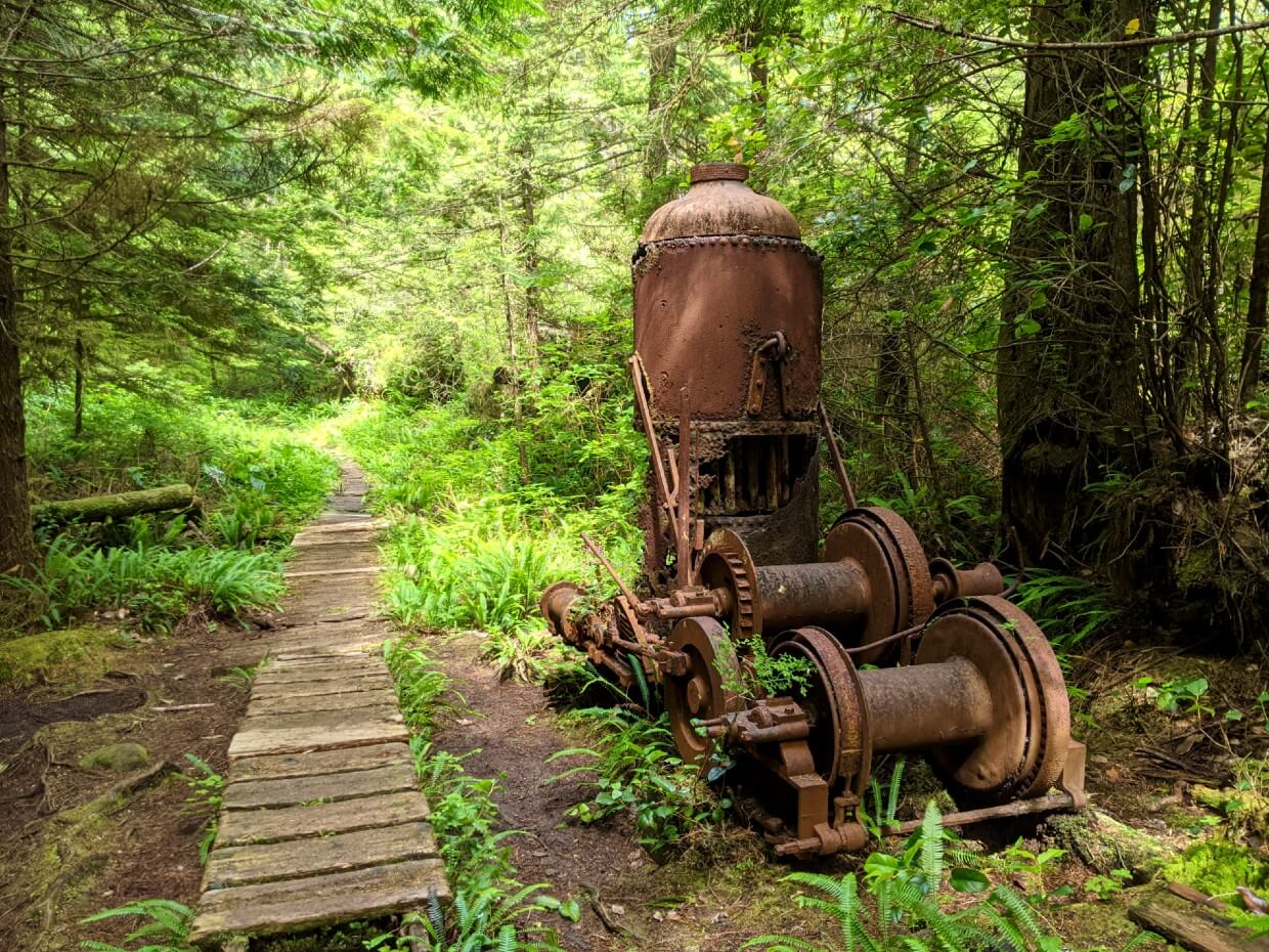 West Coast Trail boardwalk next to donkey engine