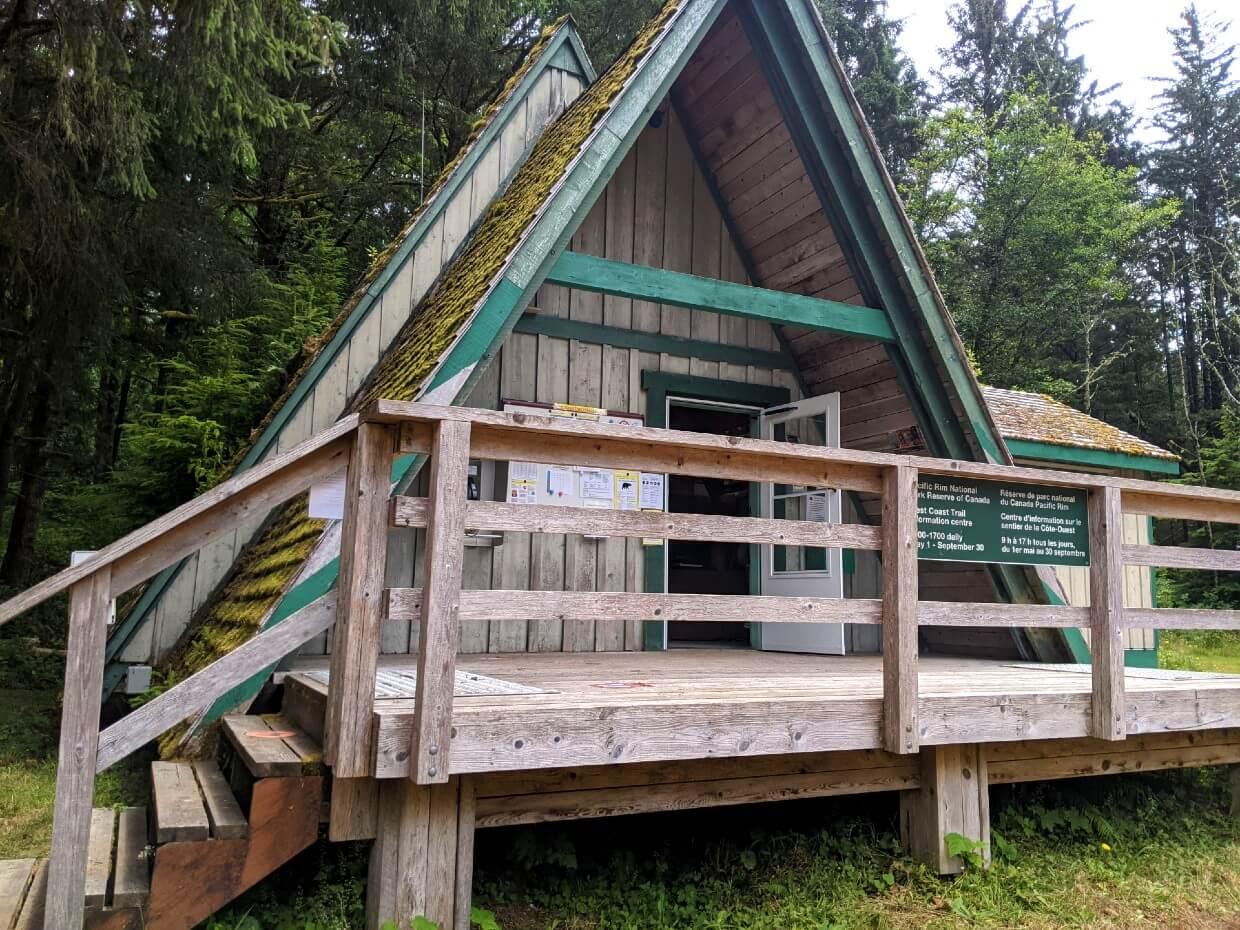 Close up of A frame wooden building at Pachena Bay West Coast Trail entrance