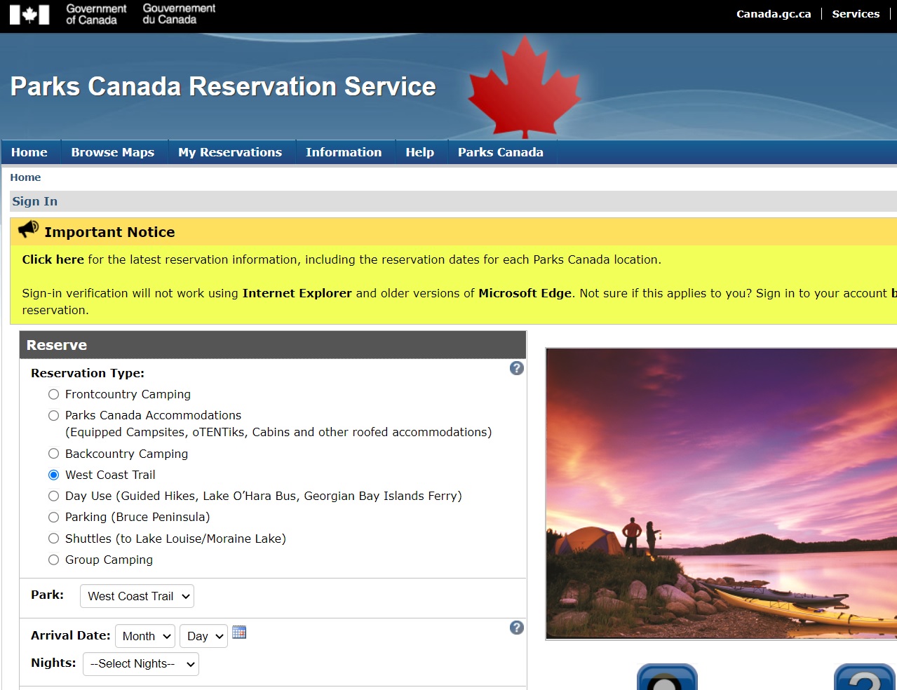 Screenshot of the Parks Canada Reservation Service website