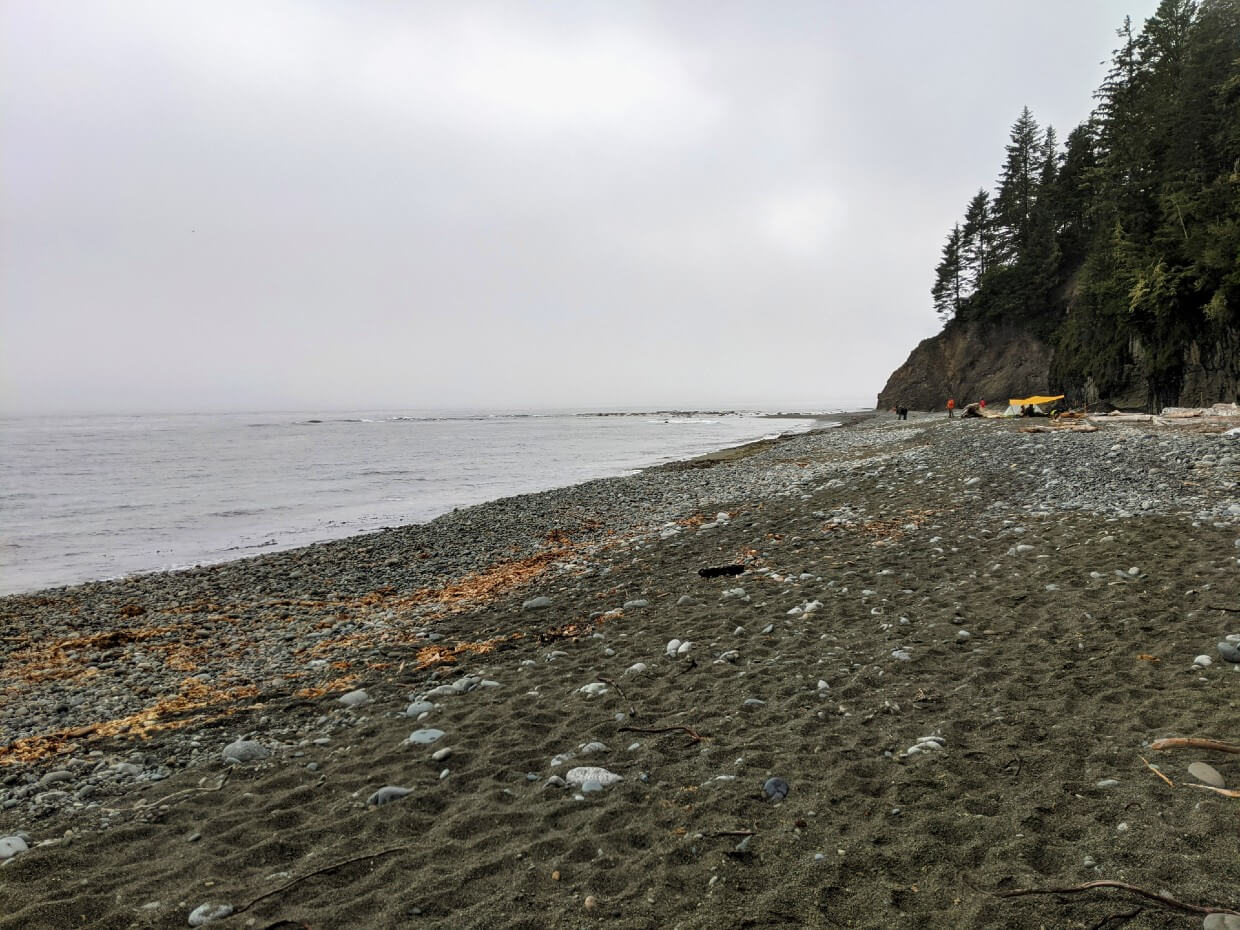 Looking down Walbran Creek Beach, which features both sand and pebbles