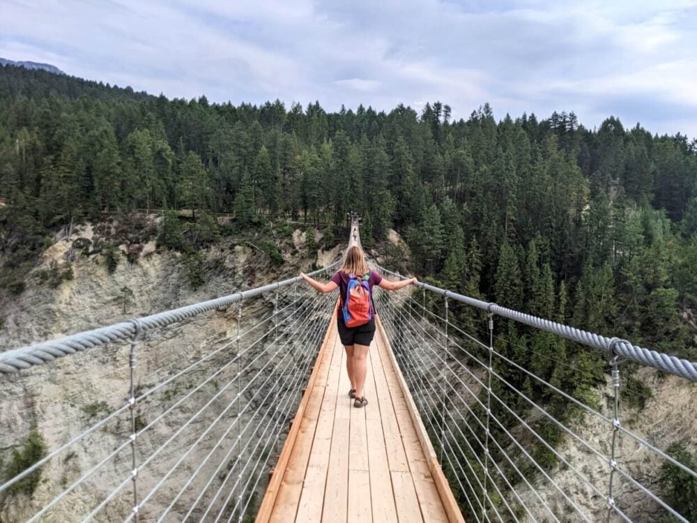 Back view of Gemma walking on suspended bridge over canyon