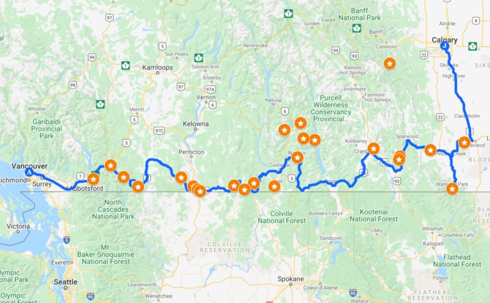 Screenshot of Google Map showing road trip route between Vancouver and Calgary