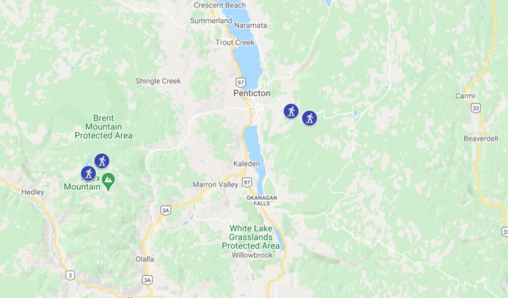 Screenshot of Google Map showing location of Penticton snowshoe trails