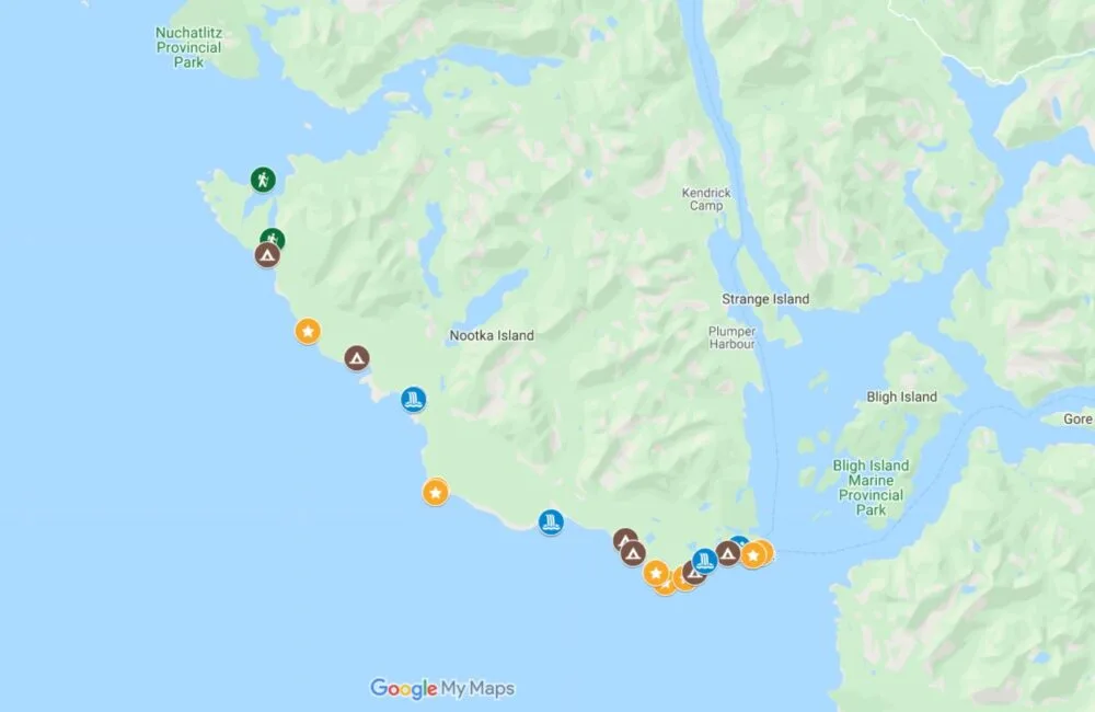 Screenshot of Nootka Trail Google Map with camping areas and viewpoints