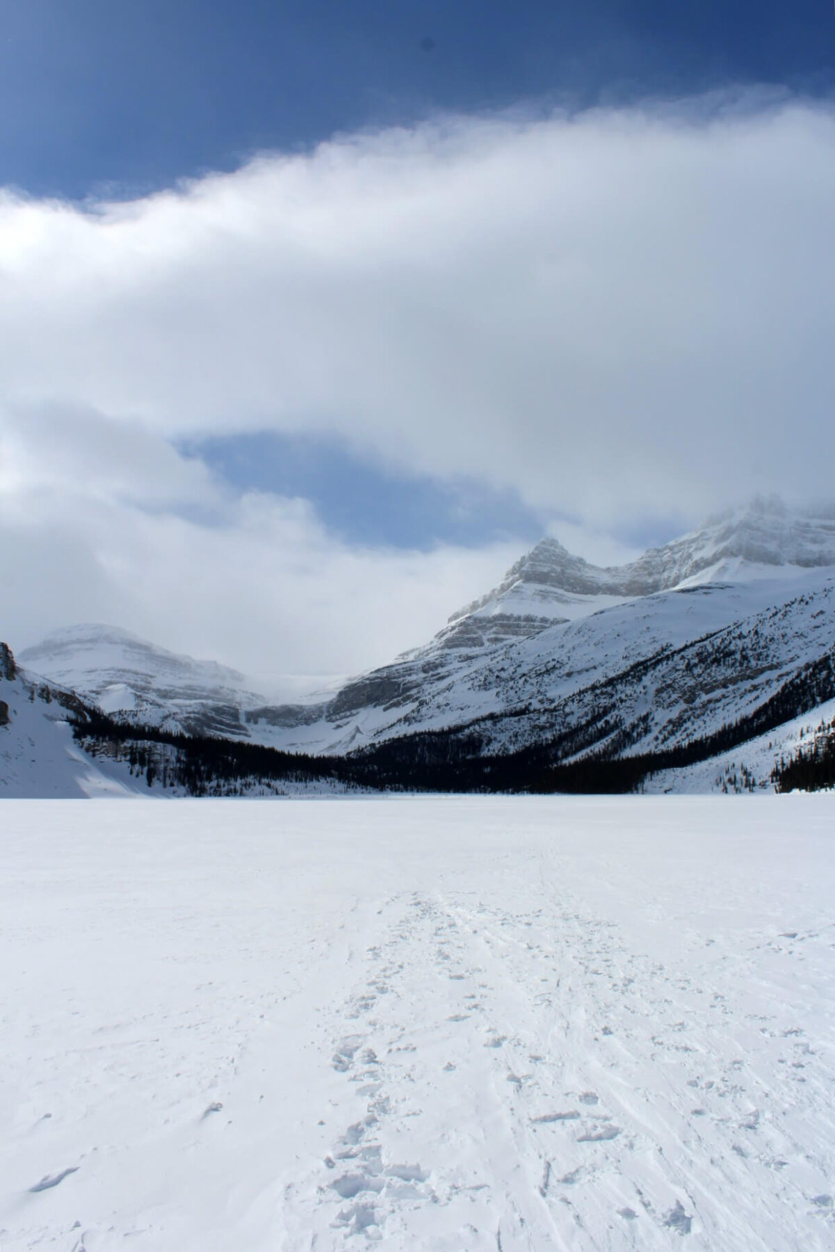 Looking across the frozen expanse of Bow Lake, with snow capped mountains lining the edge