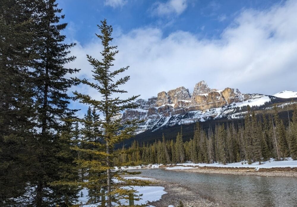 Rugged Castle Mountain set behind Bow River (lined by forest) on Bow Valley Parkway in Banff National Park