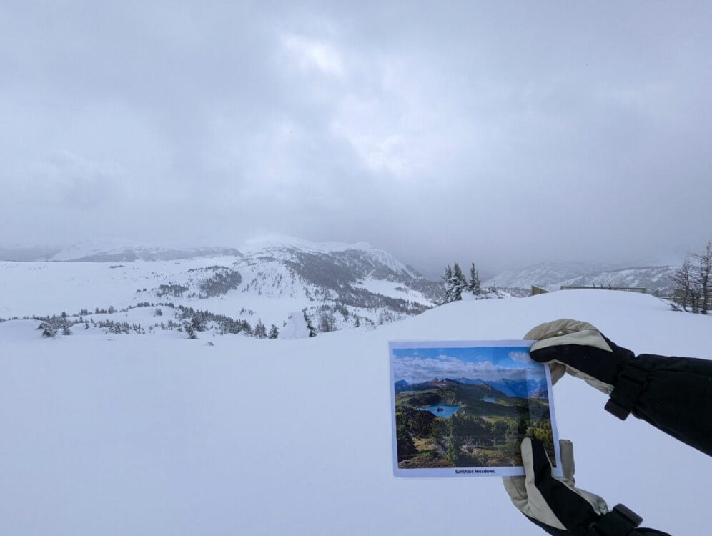 Guide holding up photo of same area in summer, in front of snowy landscape