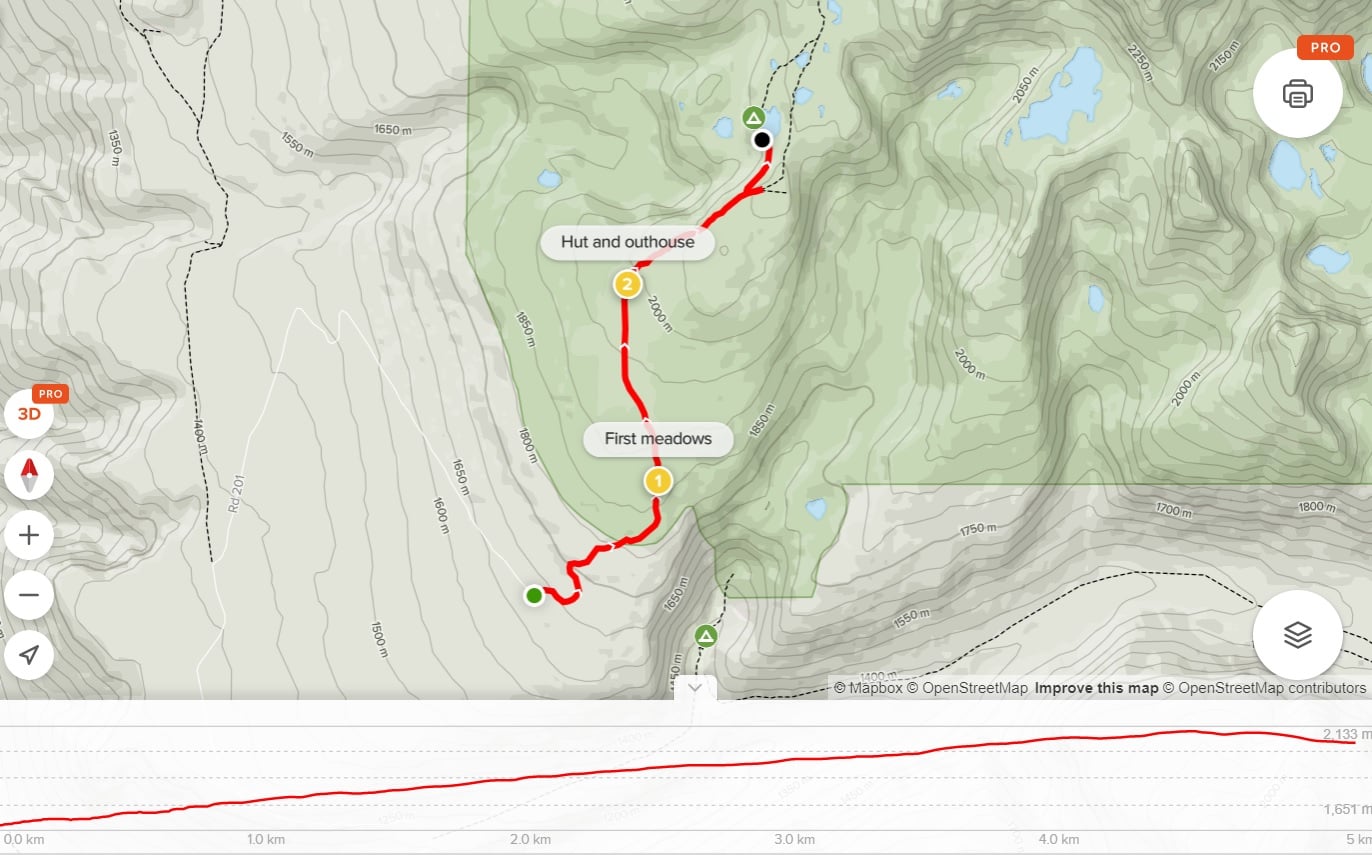 Screenshot of AllTrails route map and elevation profile for Trophy Meadows Trail in Wells Gray Provincial Park, British Columbia