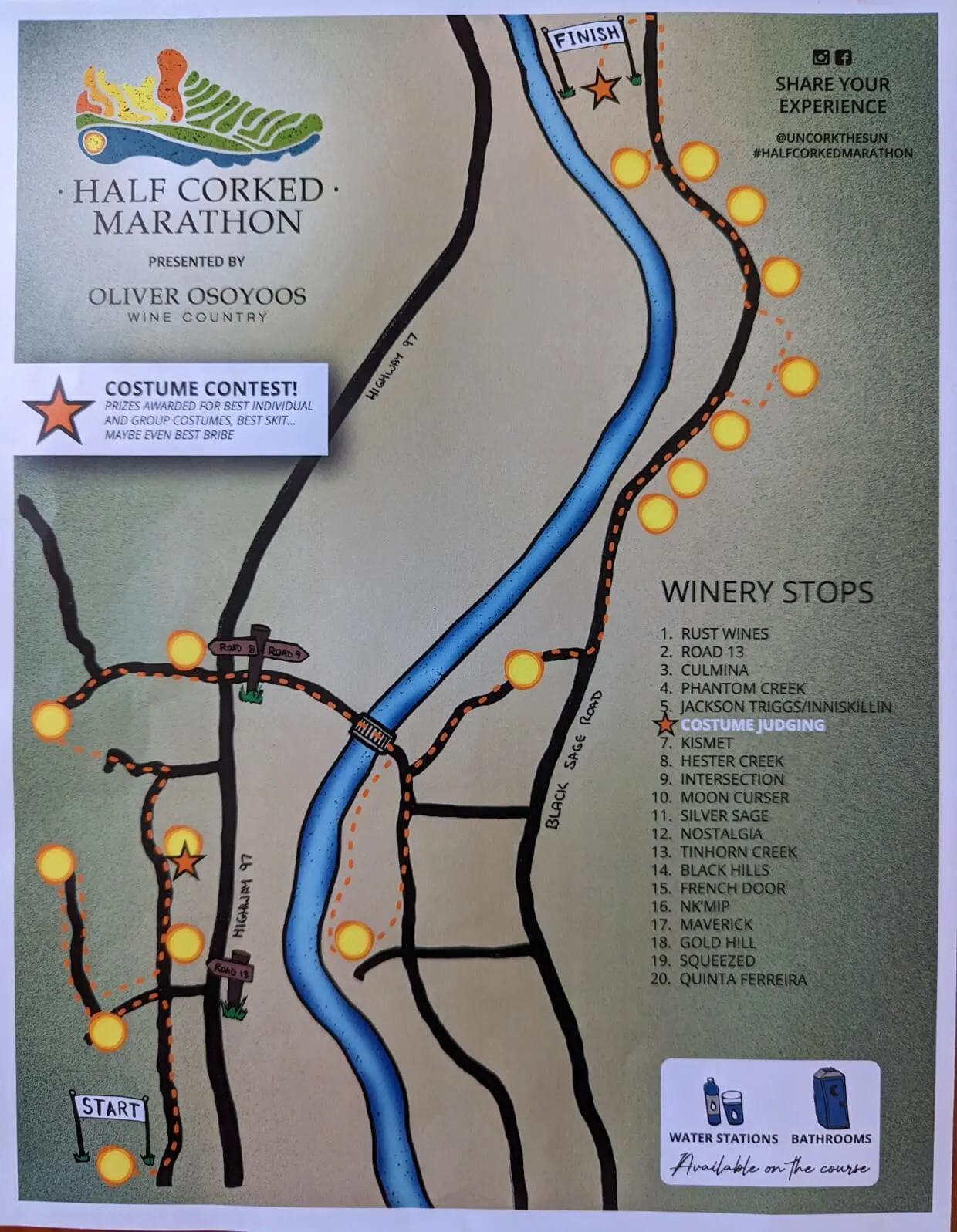Half Corked Marathon running route map with wineries marked