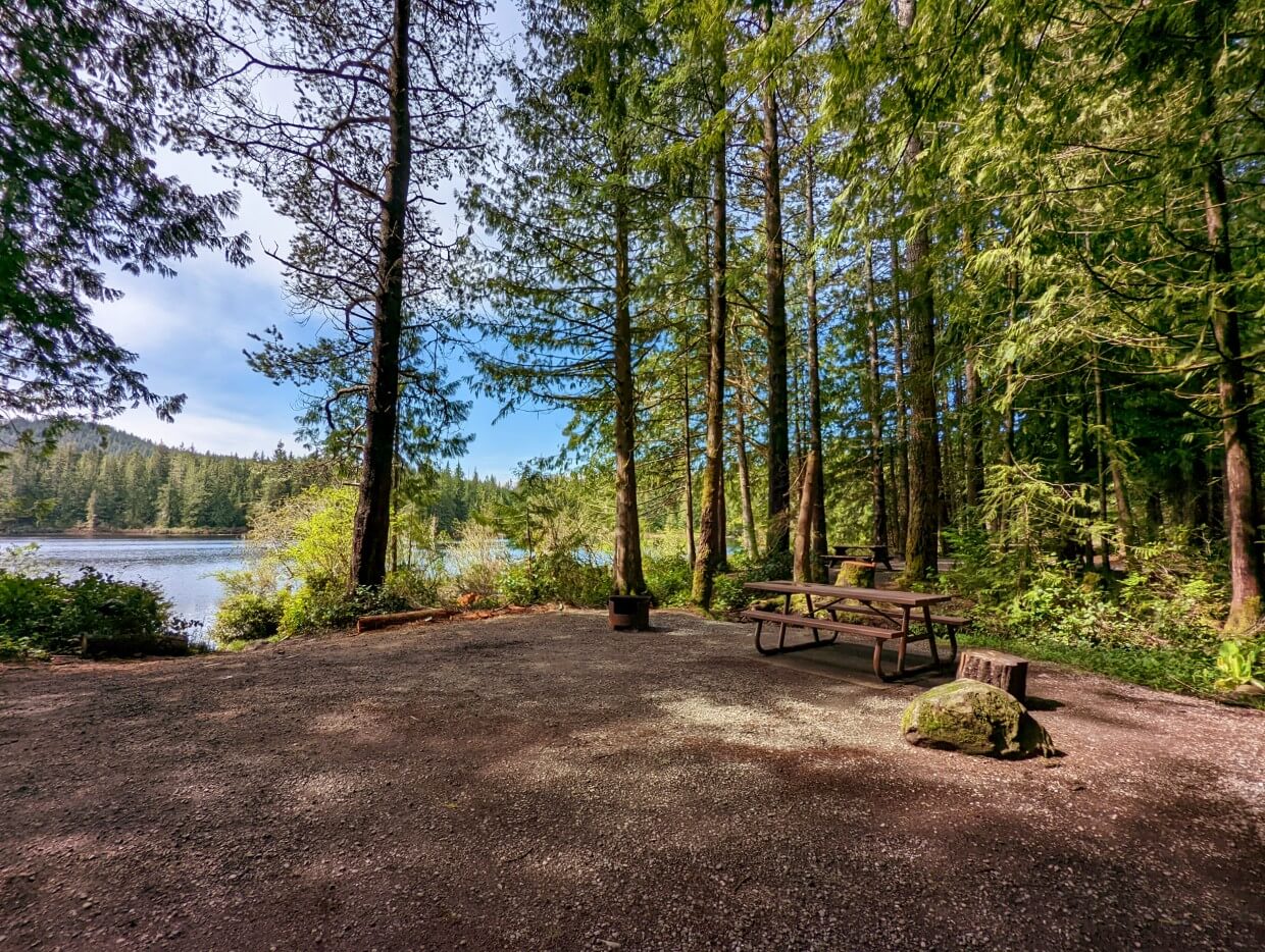 Empty campsite in Morton Lake Provincial Park. It has a picnic table and surrounded by trees. The lake is close by.