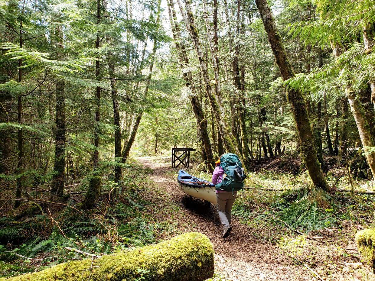 Person with a large backpack portaging between Surprise Lake at Brewster Lake. The portage path is flat and surrounded by dense forest.