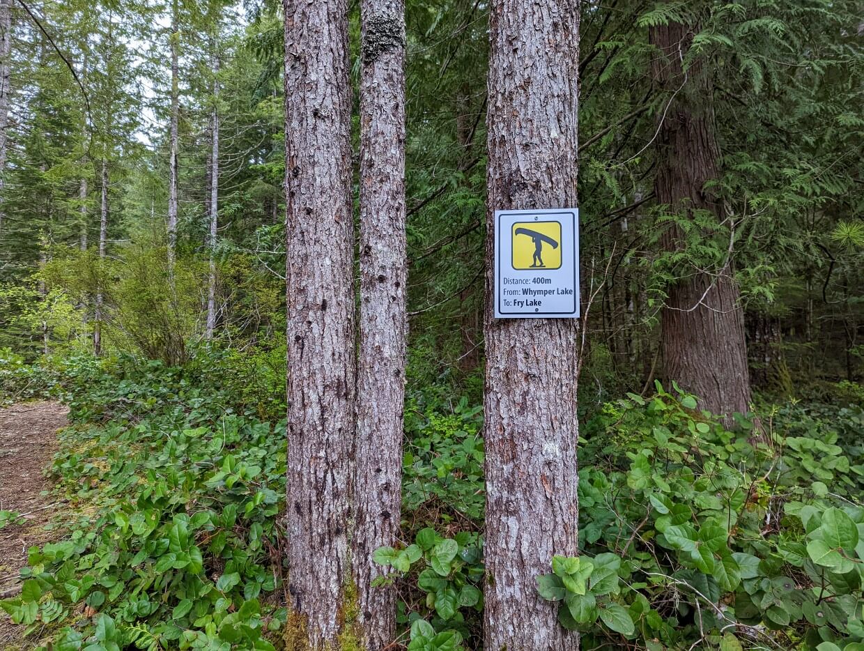Portage signage posted on a tree between Whymper Lake and Fry Lake. To the left is a dirt trail and beyond the posted sign is the forest.