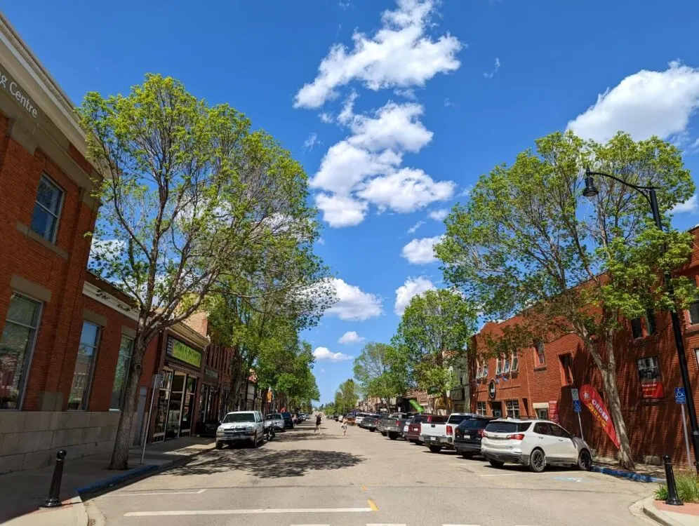 Looking down downtown street in Lacombe with parked cars on right and left, brick buildings and trees