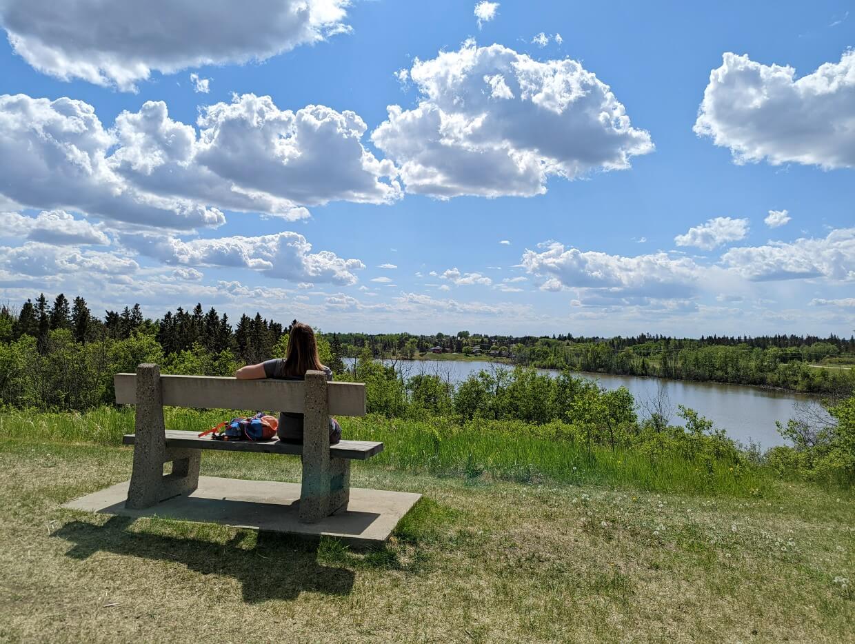 Back view of Gemma sitting on stone bench above lake in Lacombe