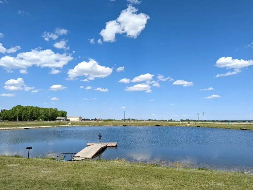 Trout pond in Lacombe Alberta with wooden pier, on which one man is standing fishing