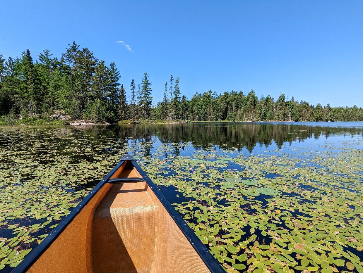 The front part of a canoe juts into Jean Lake. The water is filled with lily pads but in the distance the water is clear. On the distant shoreline sits a dense forest with small sections of rock. The blue sky is mostly clear except for a sliver of a cloud in the distance.