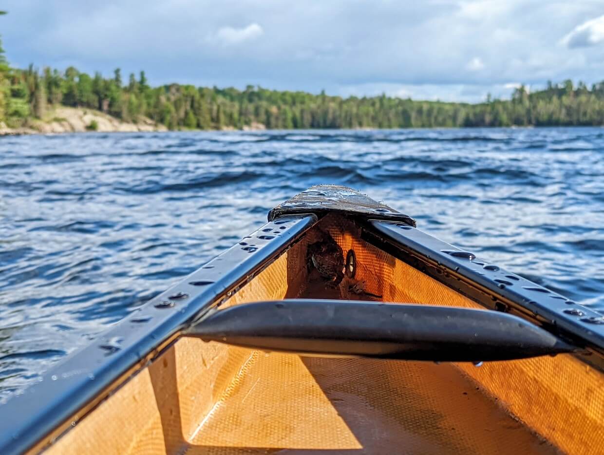 In the forefront of the photo is the tip of a canoe on the choppy waters of Lonely Lake. In the very corner of the front of the canoe hinds a small toad.