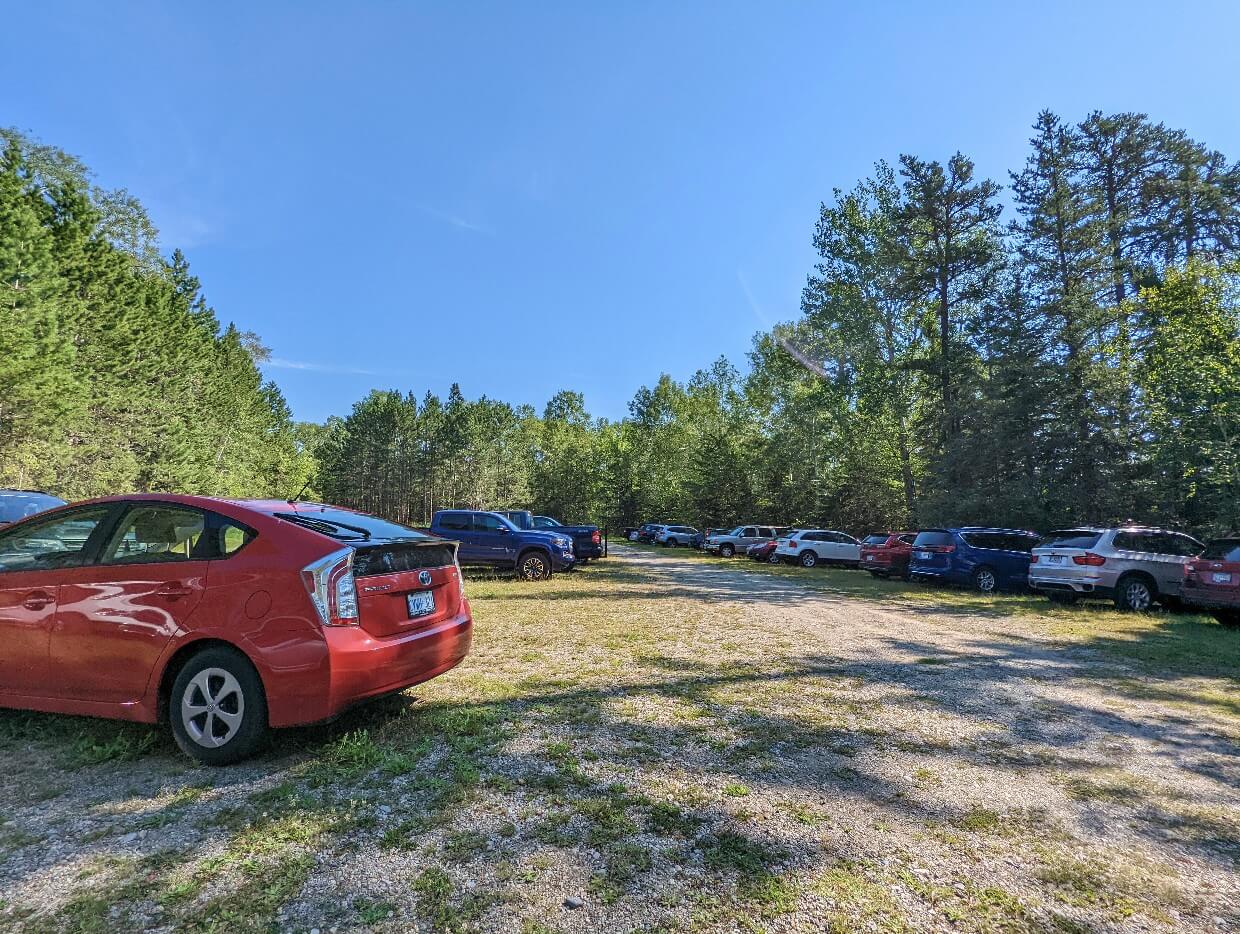 A dozen cars parked in the Nym Lake parking area. The parking area is grassy and open. Surrounding the parking lot is forest and the clear sky is blue.