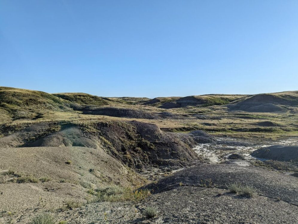 Badlands landscape in the East Block of Grasslands National Park with grassy canyons and ravines, blue sky above