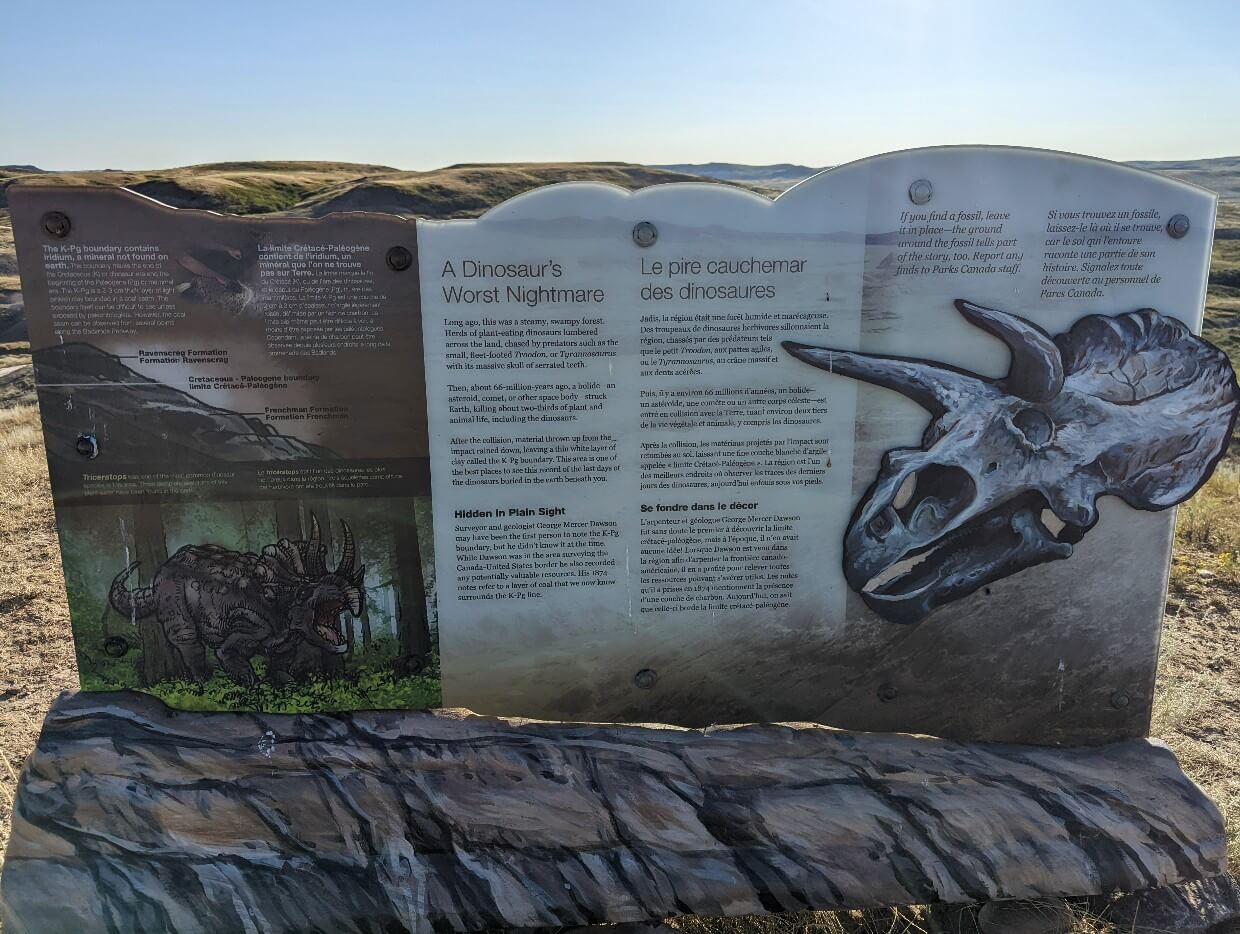 Close up of interpretive sign on Badlands Parkway featuring text and a picture of triceratops
