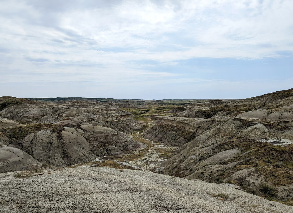 Looking across badlands scenery on Valley of 1000 Devils Trail in Grasslands National Park, which featuring deep canyons and ravines