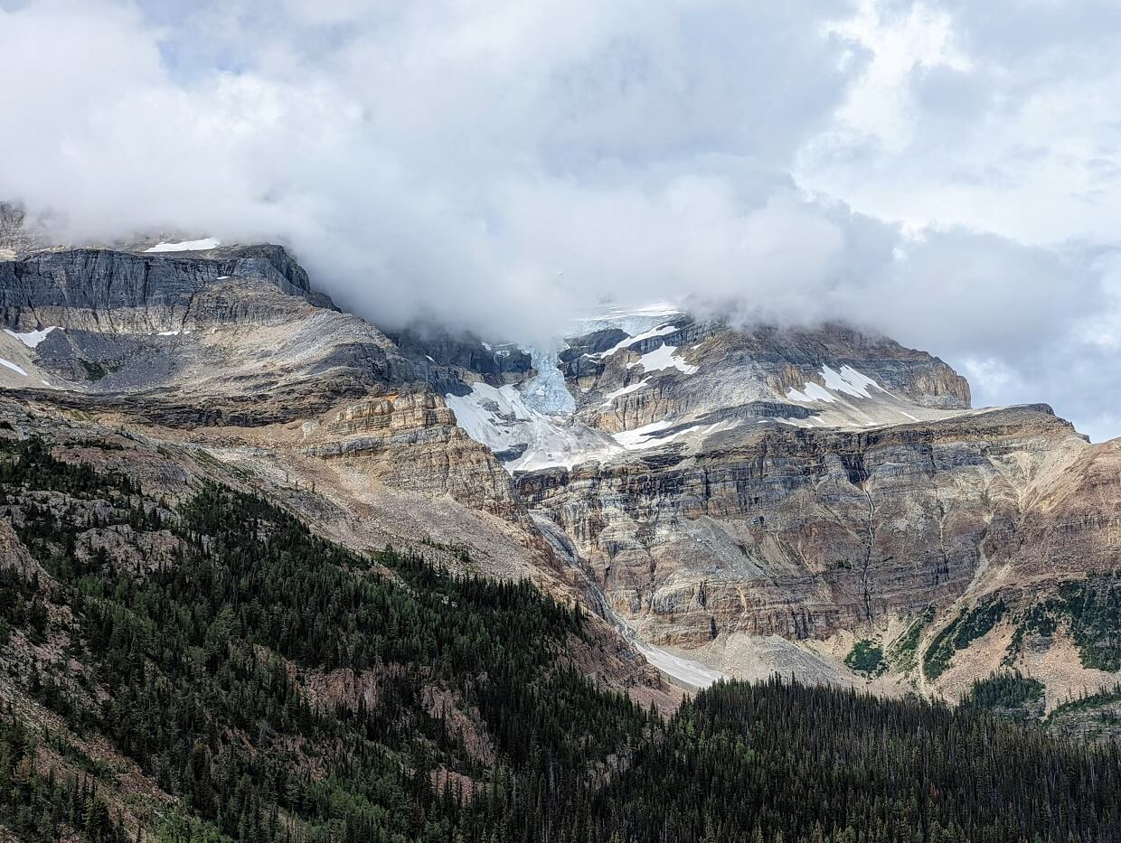 Looking up to Ball Glacier, which sits between two mountain peaks, with forest on the base